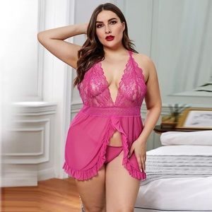 Rosy Lace Stitching Mesh Ruffle Plus Size Lingerie